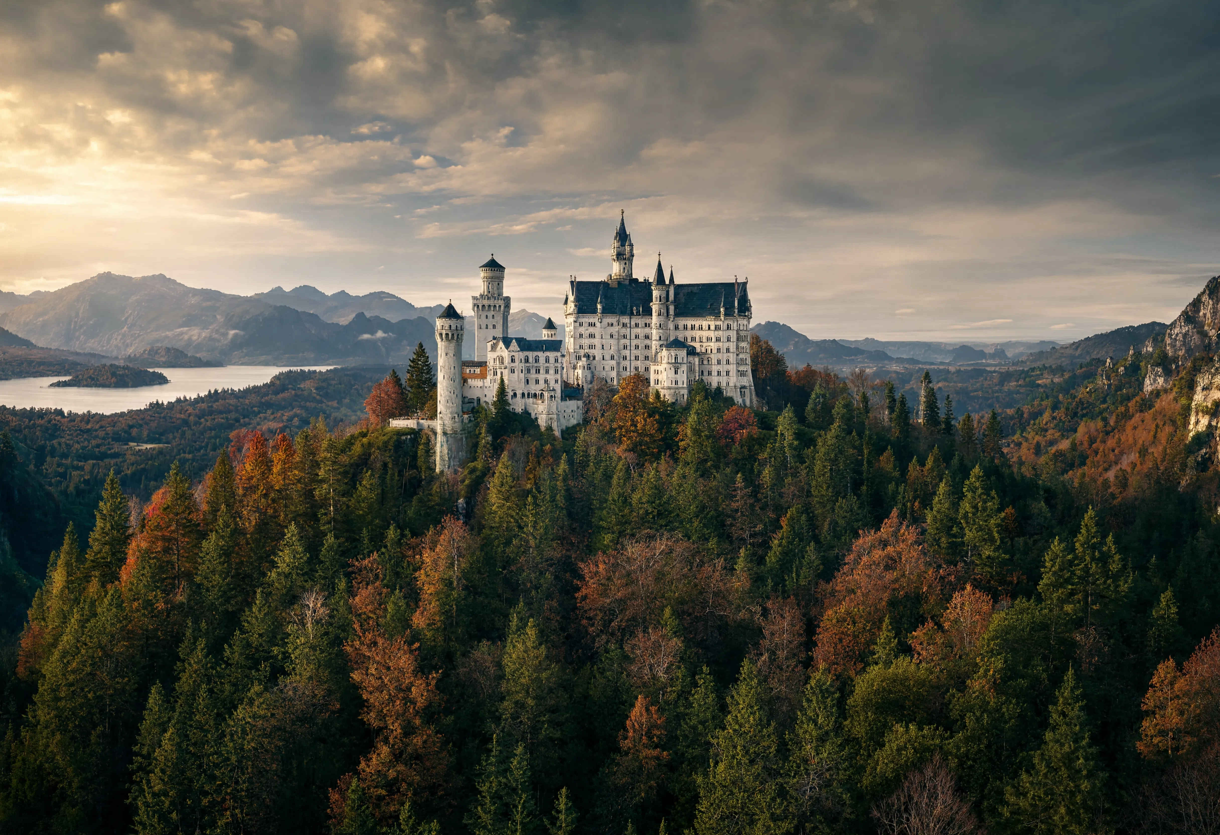 Schloss Neuschwanstein eingebettet in Herbstwälder Bayerns